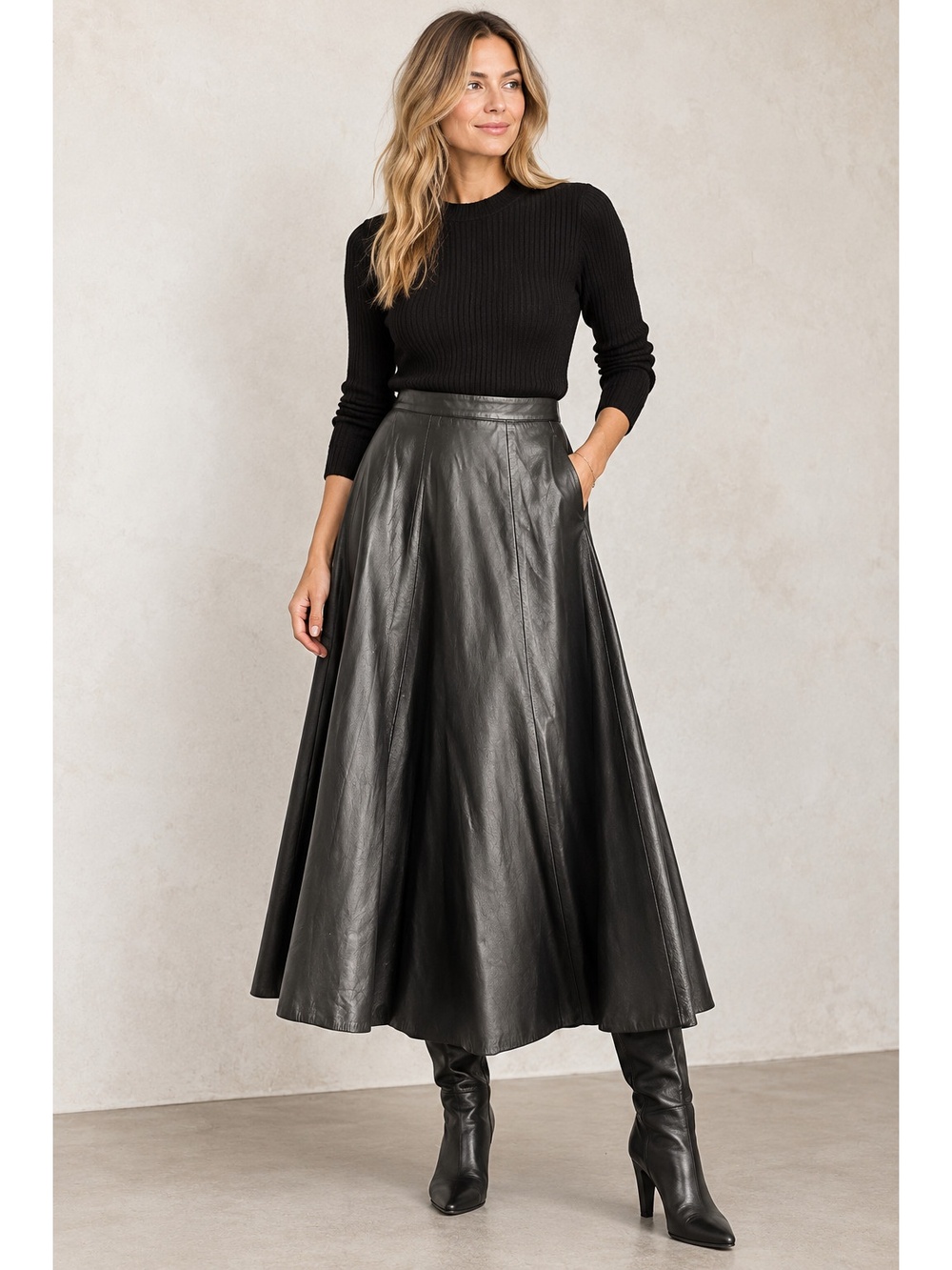 Vintage Philip Bisonet Dark Olive Green A line Leather Midi Skirt M